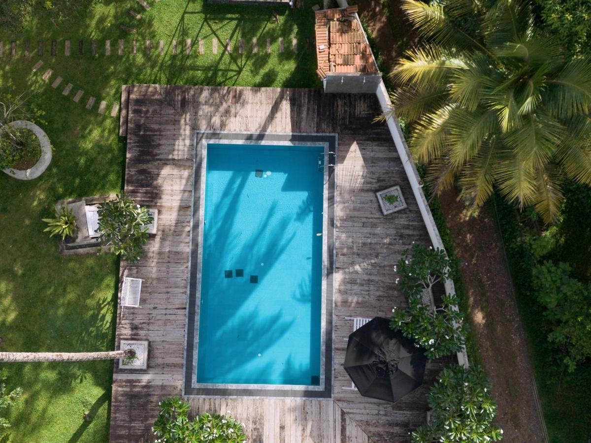 Swimming pool and wooden deck surrounded by palm trees, photographed from directly above by drone